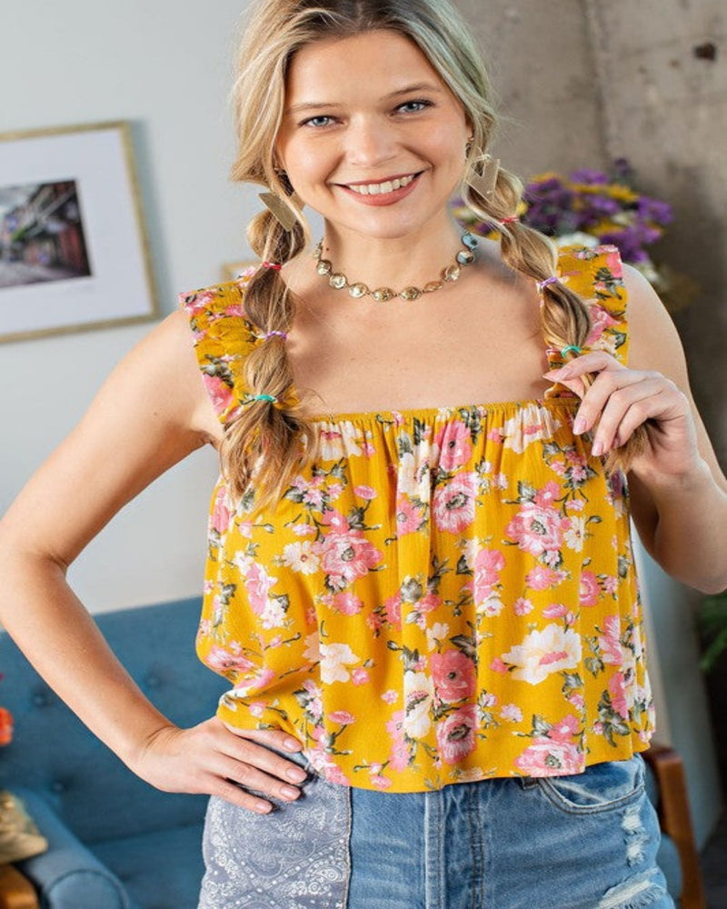 Floral Print Rayon Cami Top-Tops-Easel-Small-Sunflower-cmglovesyou