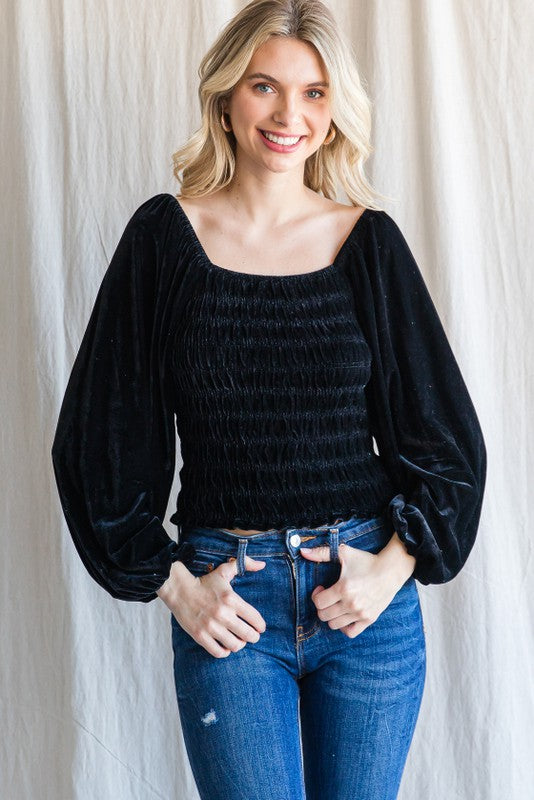 Velvet Smocked Crop Top-Jodifl-Small-Black-cmglovesyou