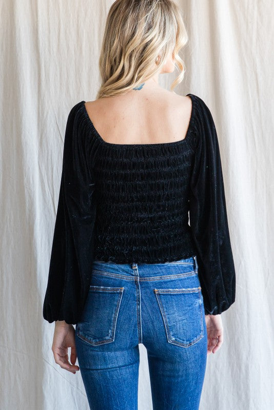 Velvet Smocked Crop Top-Jodifl-Small-Black-cmglovesyou