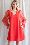 Solid Sheer Bubble Sleeves Dress-Dresses-Jodifl-Small-Red-cmglovesyou
