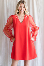 Solid Sheer Bubble Sleeves Dress-Dresses-Jodifl-Small-Red-cmglovesyou