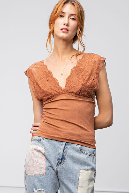 Lace Rib Tank Top-Shirts & Tops-Easel-Small-Camel-cmglovesyou