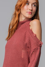 Cold Shoulder Distressed Sweater-Apparel & Accessories-Easel-Small-Red Bean-cmglovesyou