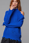 Cold Shoulder Distressed Sweater-Apparel & Accessories-Easel-Small-Royal-cmglovesyou