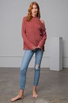 Cold Shoulder Distressed Sweater-Apparel & Accessories-Easel-Small-Red Bean-cmglovesyou