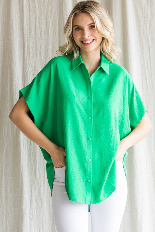 Solid Collared Button Up Top-Tops-Jodifl-Small-Kelly Green-cmglovesyou