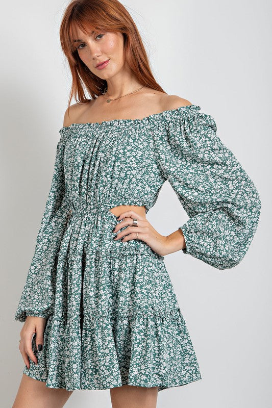 Floral Printed Challis Mini Dress-Dresses-Easel-Small-Forest Green-cmglovesyou