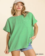Cuffed Sleeves Frayed Hem Top-Tops-Umgee-Small-Lime Green-cmglovesyou