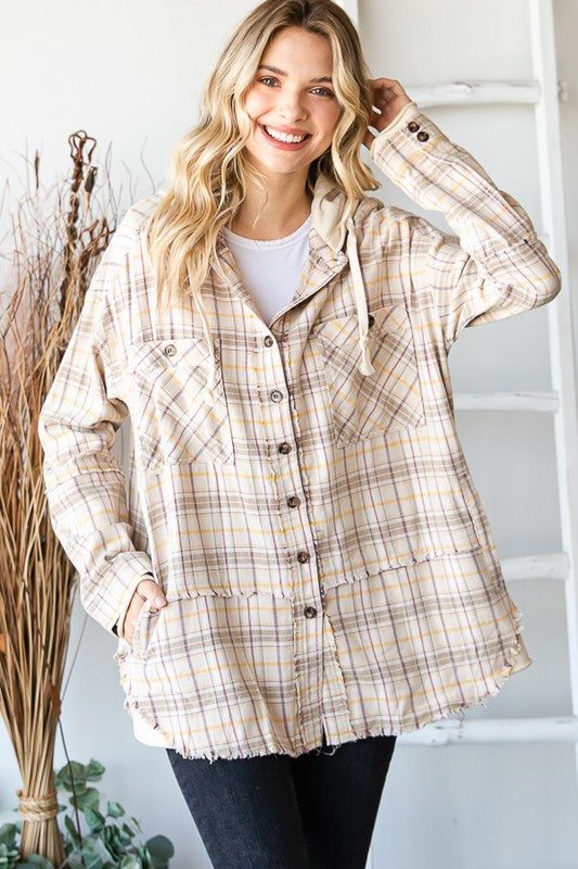 Plaid Mix French Terry Shacket-Coats & Jackets-Oli & Hali-Small-Cream Combo-cmglovesyou