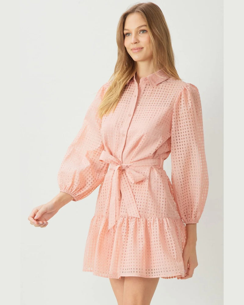 Tie Waist Grid Dress-Dresses-Entro-Small-Peach-cmglovesyou