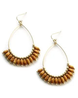 Gold Teardrop with Wooden Beads Earrings-What's Hot Jewelry-Brown-cmglovesyou