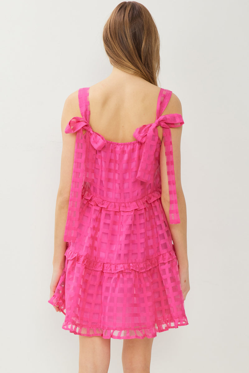 Sheer Grid Print Mini Dress-Dress-Entro-Small-Hot Pink-cmglovesyou