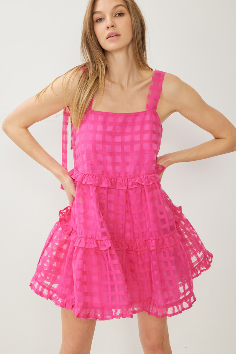 Sheer Grid Print Mini Dress-Dress-Entro-Medium-Hot Pink-cmglovesyou
