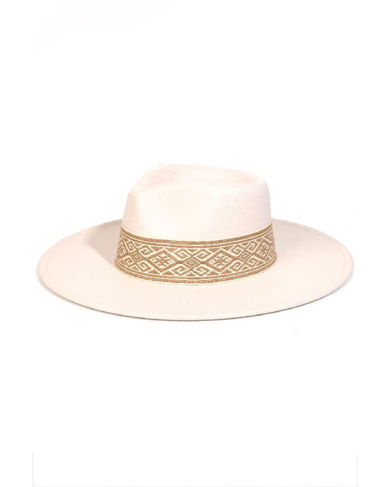 Tribal Pattern Ribbon Strap Fedora Hat-Hats-Fame Accessories-Ivory-cmglovesyou