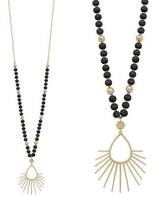 Wood Beaded with Gold Spiked Teardrop Necklace-Necklaces-What's Hot Jewelry-Black-cmglovesyou