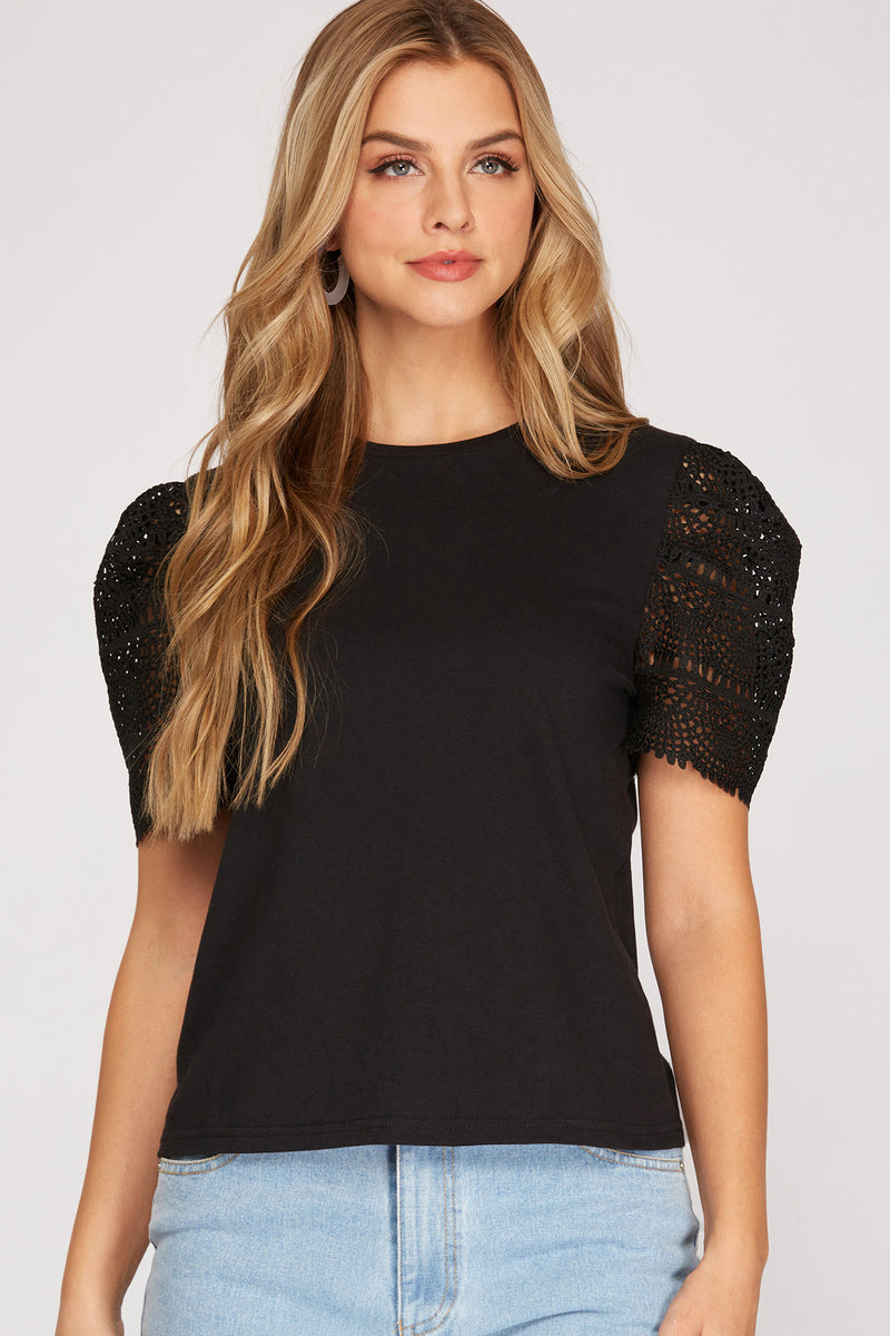 Crochet Lace Short Sleeve Top-Shirts & Tops-She+Sky-Small-Black-cmglovesyou