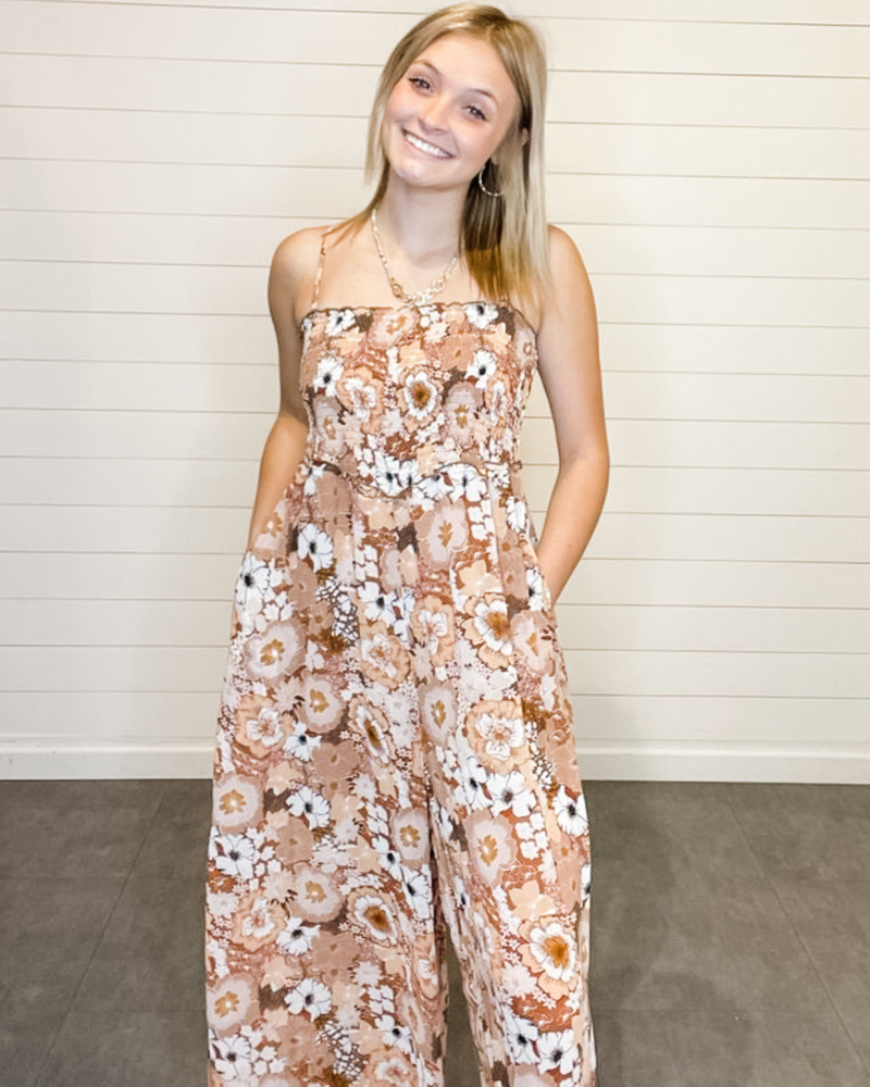 Soft Chiffon Floral Jumpsuit-Jumpsuits & Rompers-Kori-Small-Camel/Mocha/Combo-cmglovesyou