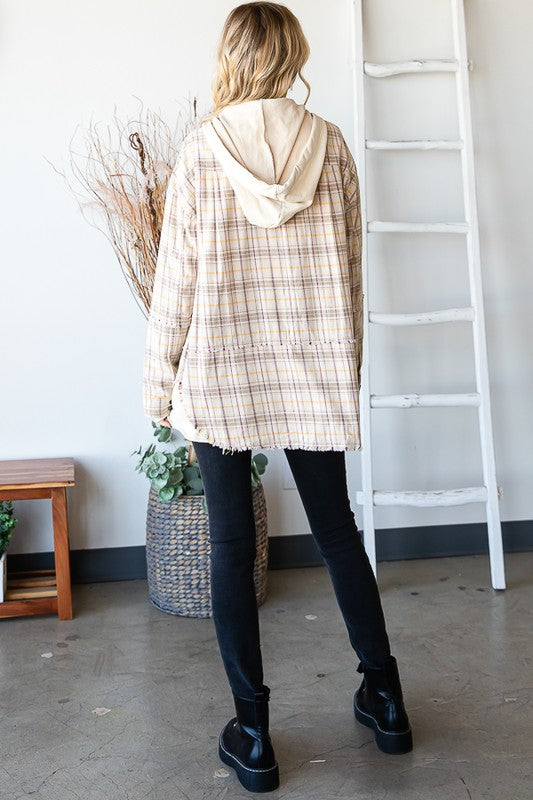 Plaid Mix French Terry Shacket-Coats & Jackets-Oli & Hali-Small-Cream Combo-cmglovesyou