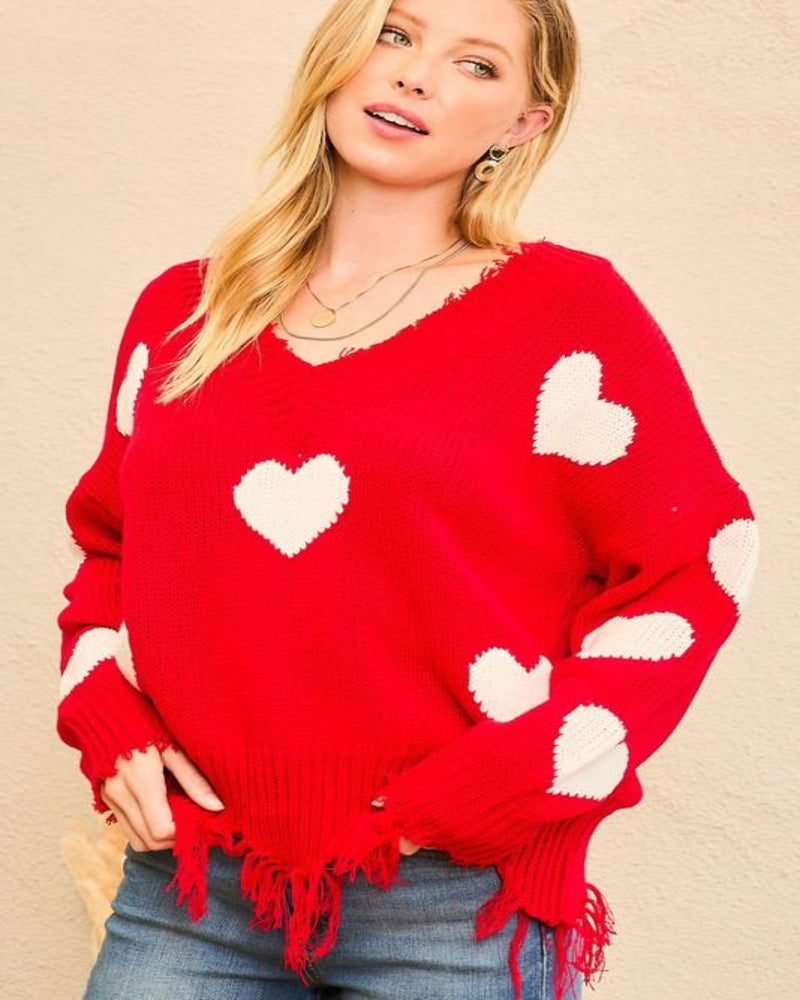 Heart Print Distressed Sweater-Sweaters-Main Strip-Small-Red-cmglovesyou