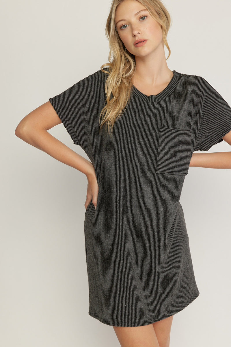 Textured Ribbed Short Sleeve Dress-Tops-Entro-Small-Charcoal-cmglovesyou