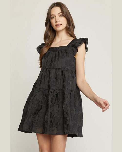 Jacquard Square Neck Mini Dress-Dress-Entro-Small-Black-cmglovesyou