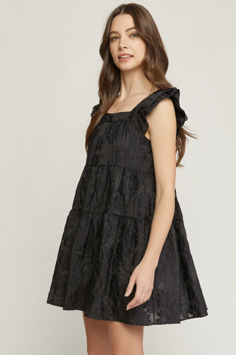 Jacquard Square Neck Mini Dress-Dress-Entro-Small-Black-cmglovesyou