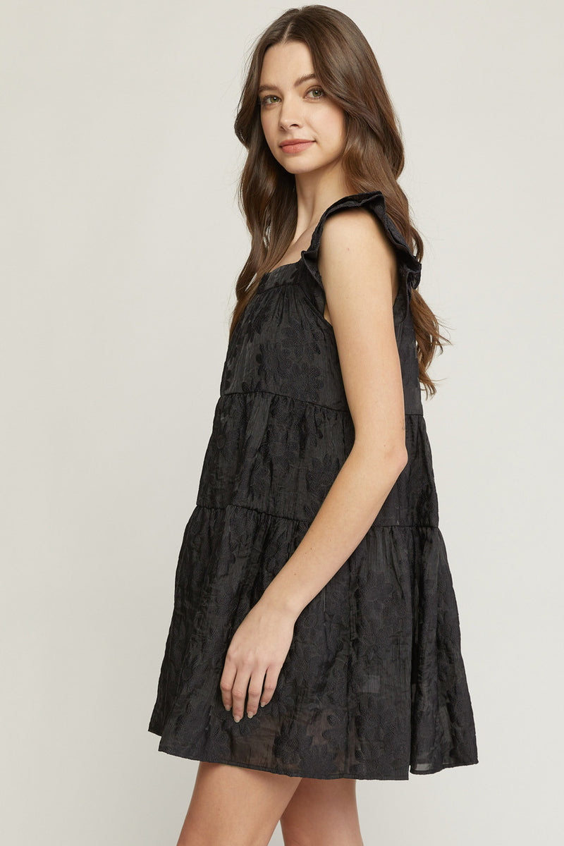 Jacquard Square Neck Mini Dress-Dress-Entro-Small-Black-cmglovesyou