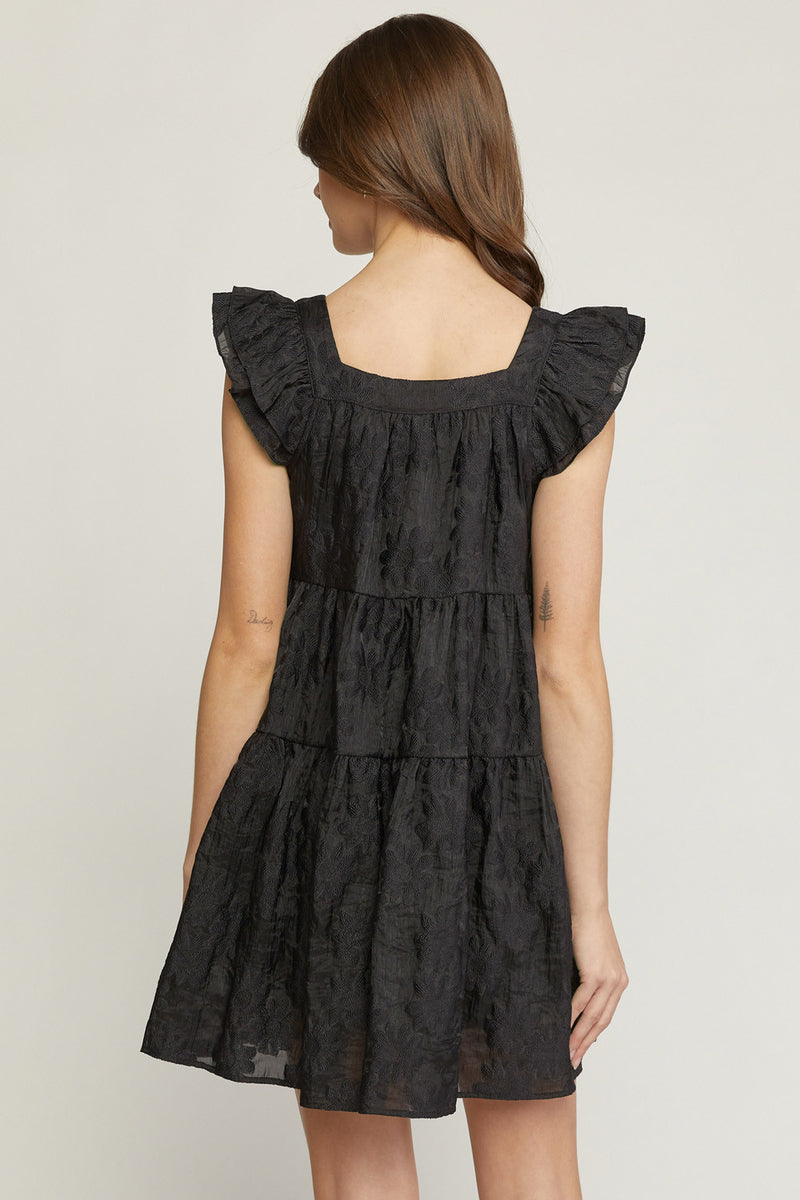 Jacquard Square Neck Mini Dress-Dress-Entro-Small-Black-cmglovesyou