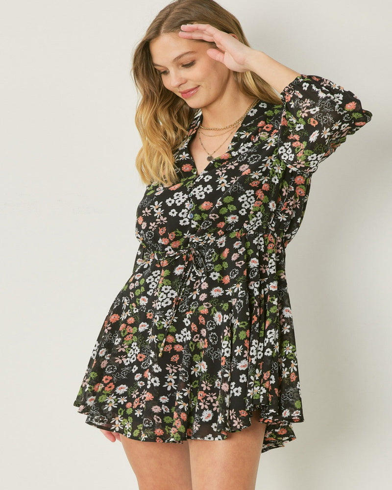 Floral Print Long Sleeve Mini dress-Dresses-Entro-Small-Black-cmglovesyou