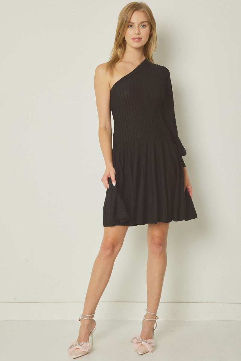 Ribbed One-Shoulder Dress-Dress-Entro-Black-Small-cmglovesyou