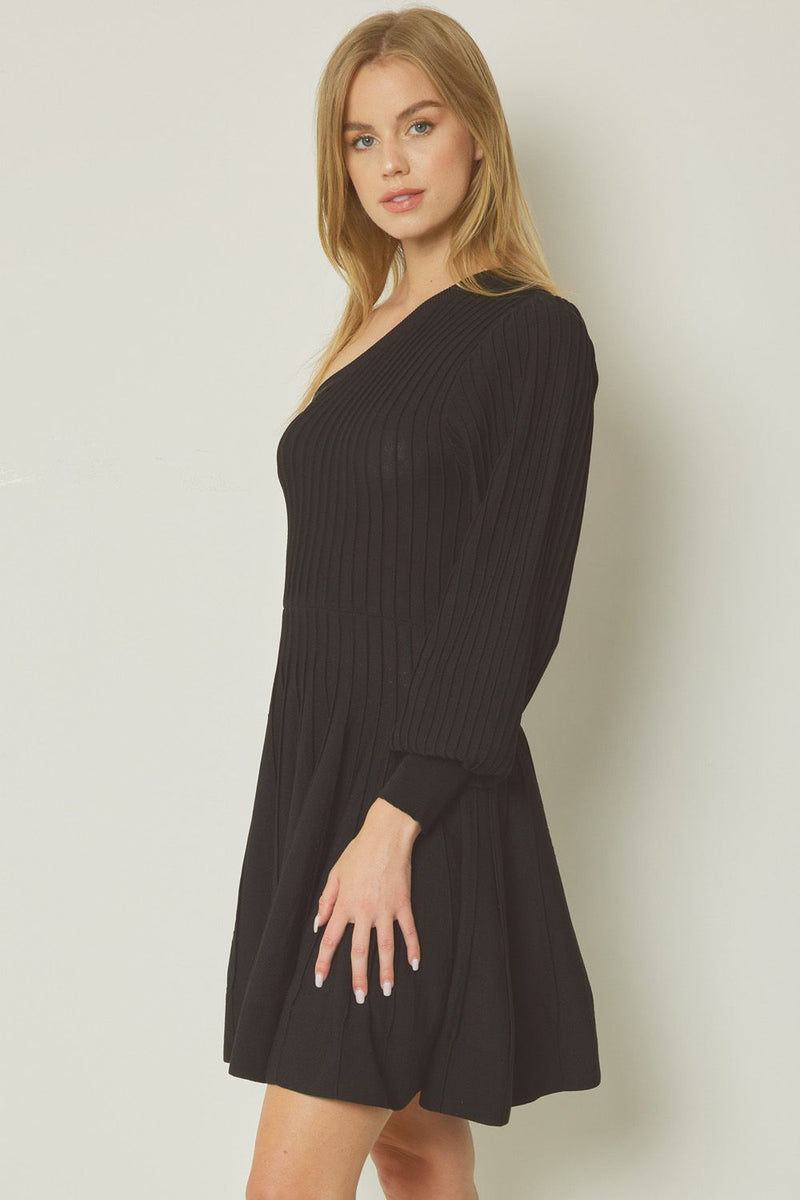 Ribbed One-Shoulder Dress-Dress-Entro-Black-Small-cmglovesyou