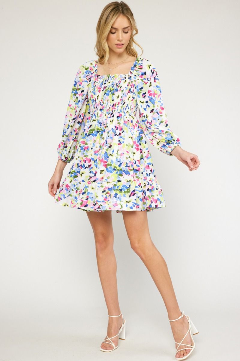 Floral Print Mini Dress-Dresses-Entro-Small-PinkBlue-cmglovesyou