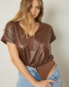 Faux Leather V-Neck Bodysuit-Tops-Entro-Small-Brown-cmglovesyou