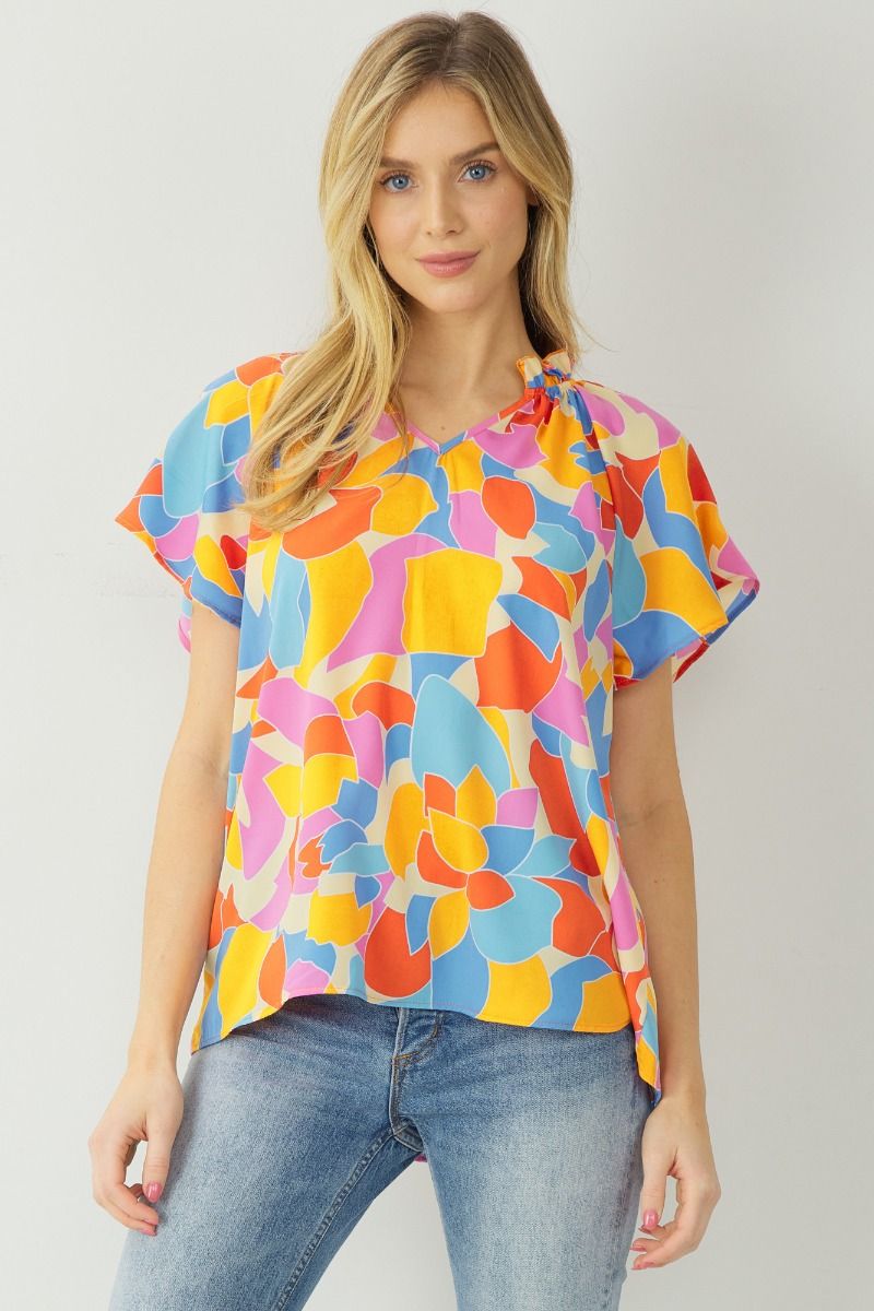 Abstract V-Neck Top-Shirts & Tops-Entro-Small-Yellow Blue-cmglovesyou