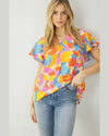 Abstract V-Neck Top-Shirts & Tops-Entro-Small-Yellow Blue-cmglovesyou