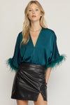 Satin and Feather Trim at Sleeve Bodysuit-bodysuit-Entro-Small-Hunter Green-cmglovesyou