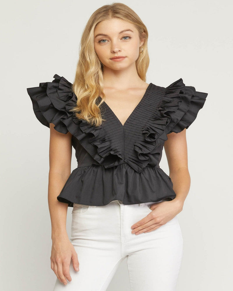 Solid V-neck Peplum Top-Tops-Entro-Small-Black-cmglovesyou