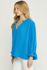 Solid Textured Button Blouse-Tops-Entro-Small-Cobalt Blue-cmglovesyou