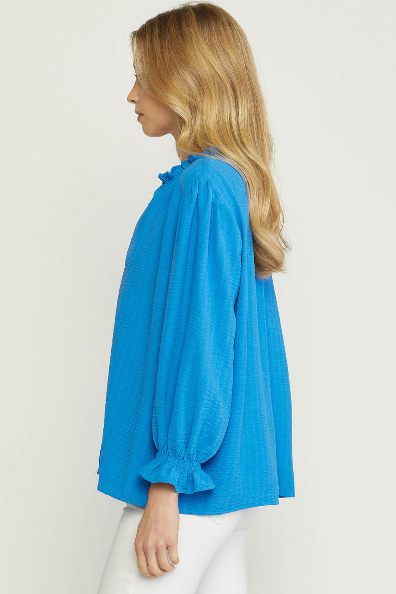 Solid Textured Button Blouse-Tops-Entro-Small-Cobalt Blue-cmglovesyou