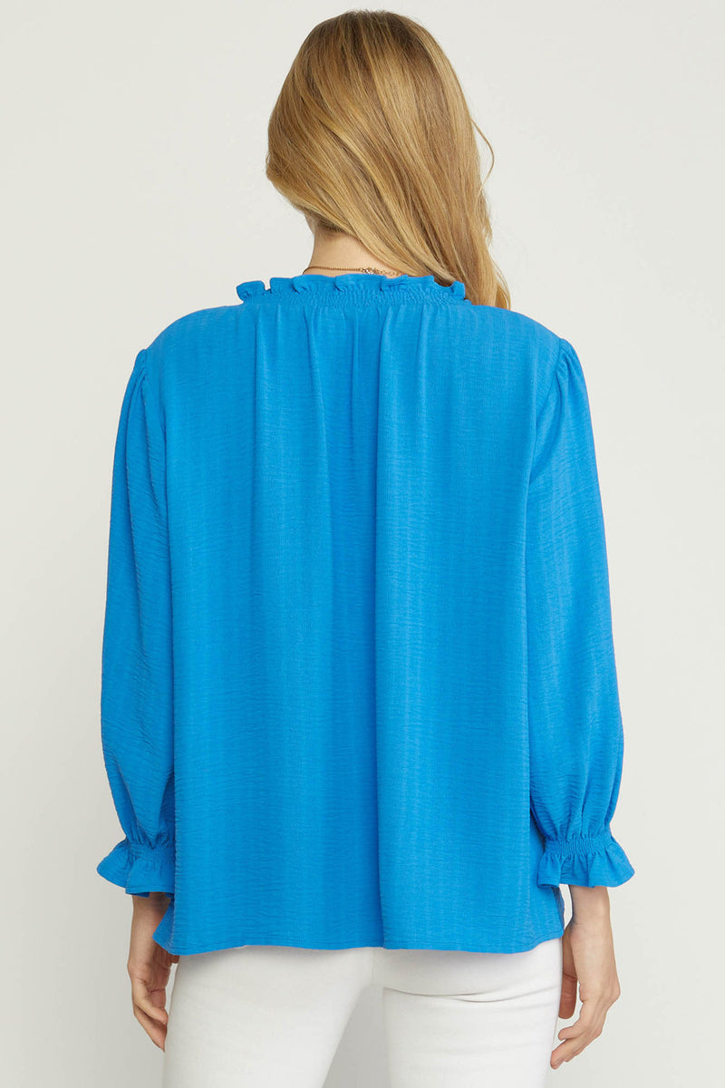 Solid Textured Button Blouse-Tops-Entro-Small-Cobalt Blue-cmglovesyou