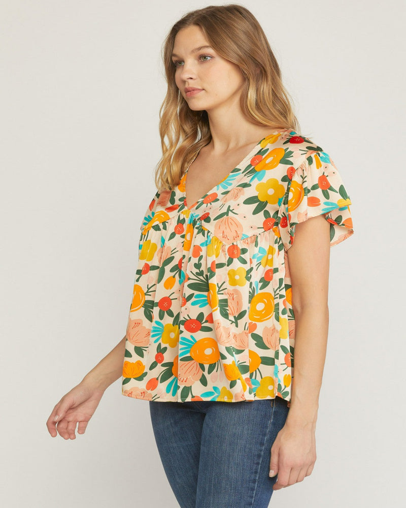 Floral V-neck Futter Sleeve Top-Tops-Entro-Small-Sand-cmglovesyou