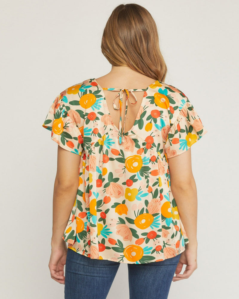 Floral V-neck Futter Sleeve Top-Tops-Entro-Small-Sand-cmglovesyou