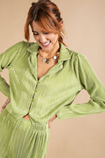 Pleated Satin Button Down Top-Shirts & Tops-Easel-Small-Pear Green-cmglovesyou