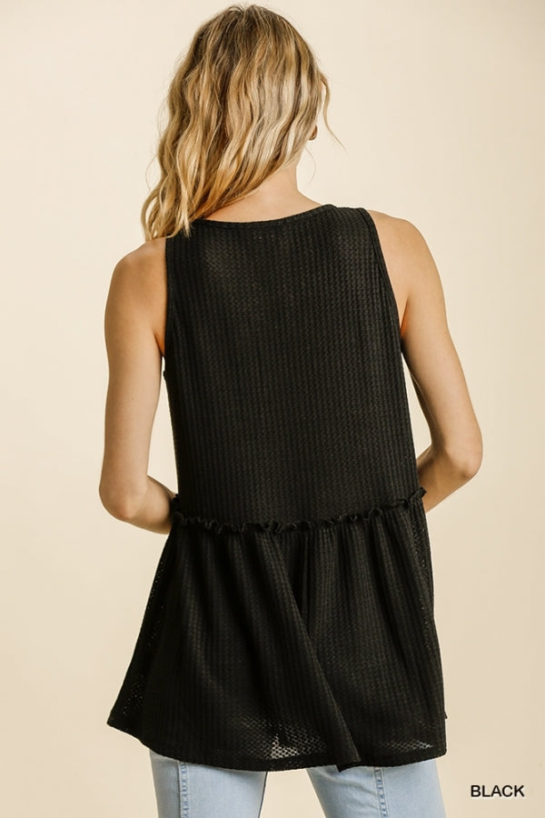 Button Front Waffle Knit Sleeveless Top-Shirts & Tops-Umgee-Small-Black-cmglovesyou