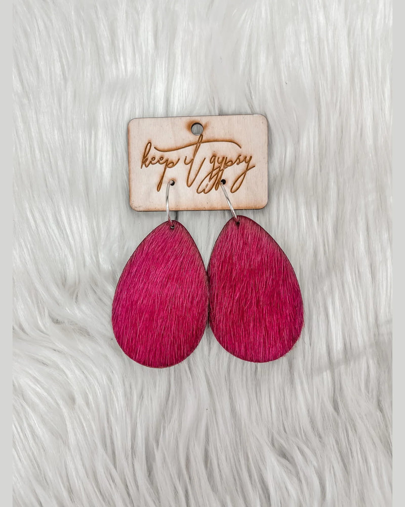 Cowhide Teardrop Earrings-Earrings-Keep it Gypsy-Magenta-cmglovesyou