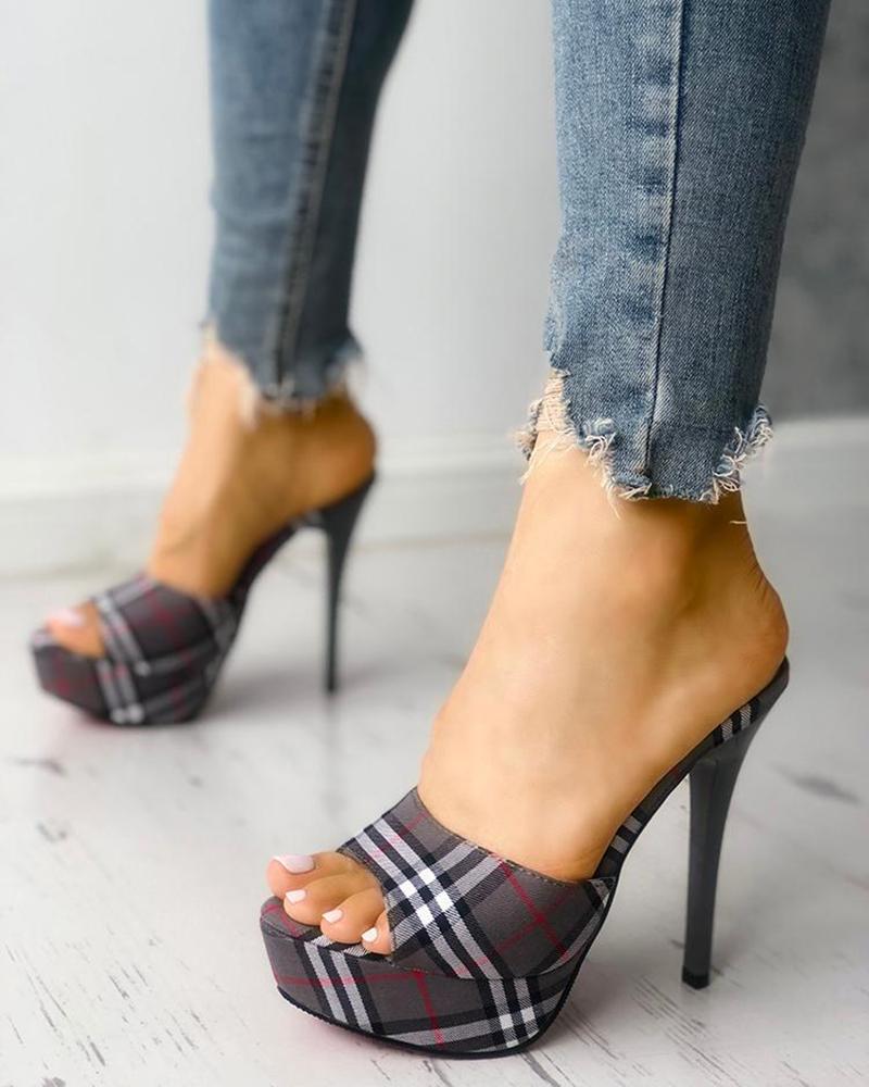 Nailyhome Peep Open Toe Plaid Slip-on 