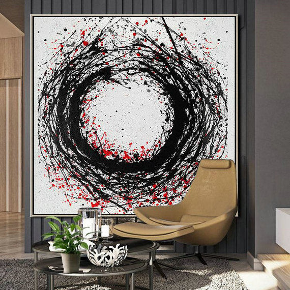 black white red painting