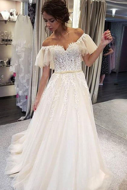 lace flutter sleeve wedding dress