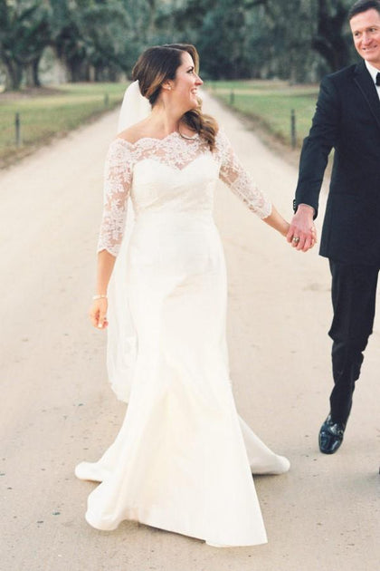 fit and flare off the shoulder wedding dress