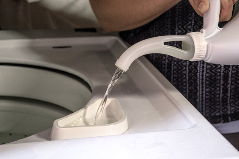 The No-Spill Spout is the best bleach pouring spout that makes it easy to pour bleach into the washing machine.